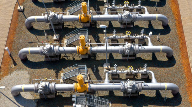 Natural gas pipeline in European Union. High pressure pipes on a hot summer day.